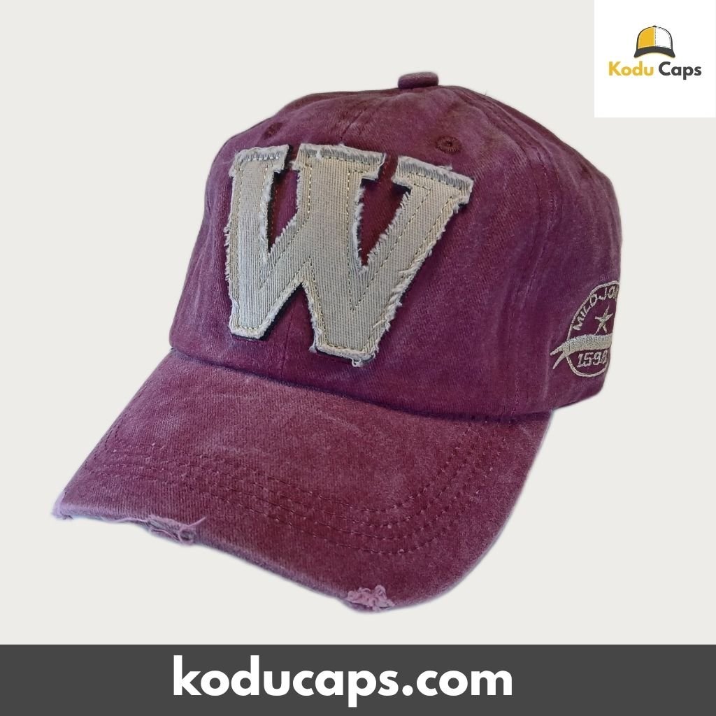 Distressed Burgundy ‘W’ Adjustable Dad Cap – Vintage Washed Letter Hat - Image 2